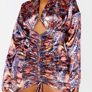 Rutched butterfly printed satin dress